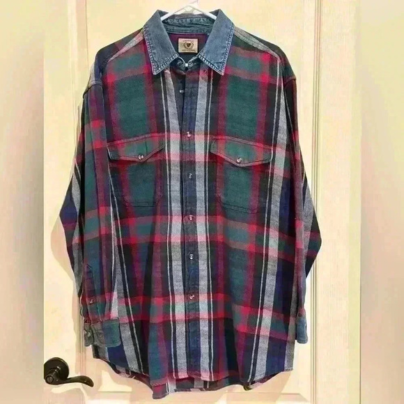 VTG Halifax Outfitters Men's Large Button Down Long-sleeve Shirt Plaid and Denim - Picture 1 of 8